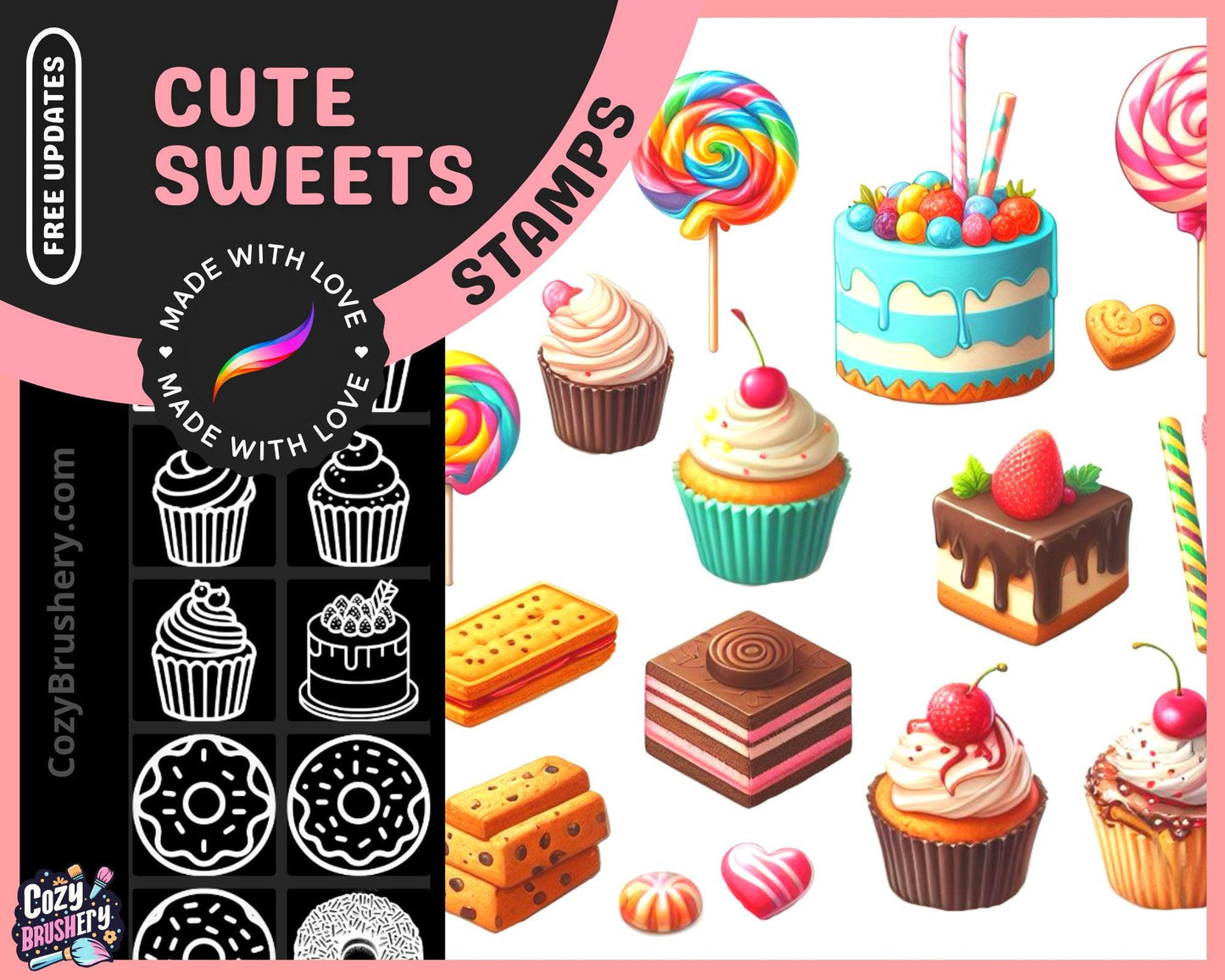 Sweet dessert factory, Procreate Food Brushes, Cakes, Cookies, Icecream, Lollipop, Parfait, Macarons, Donuts - Cozy Brushery