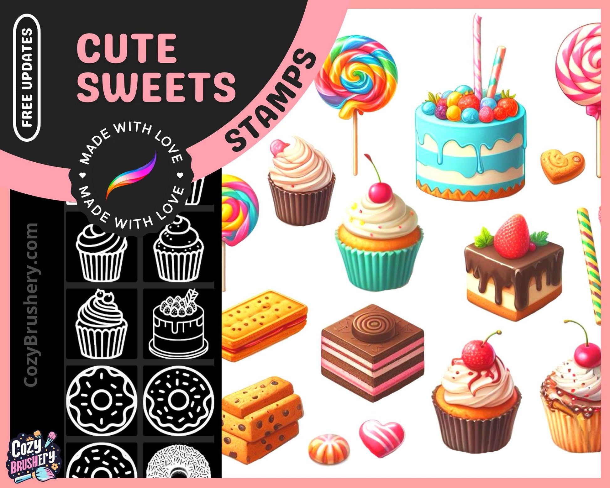 Sweet dessert factory, Procreate Food Brushes, Cakes, Cookies, Icecream, Lollipop, Parfait, Macarons, Donuts - Cozy Brushery
