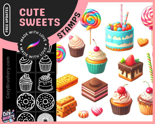 Sweet dessert factory, Procreate Food Brushes, Cakes, Cookies, Icecream, Lollipop, Parfait, Macarons, Donuts - Cozy Brushery