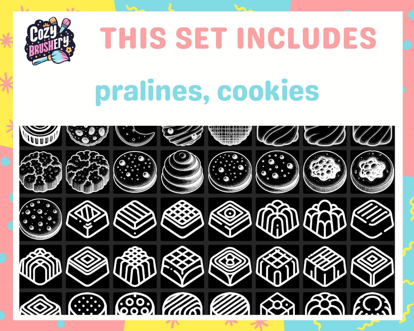 Sweet dessert factory, Procreate Food Brushes, Cakes, Cookies, Icecream, Lollipop, Parfait, Macarons, Donuts - Cozy Brushery