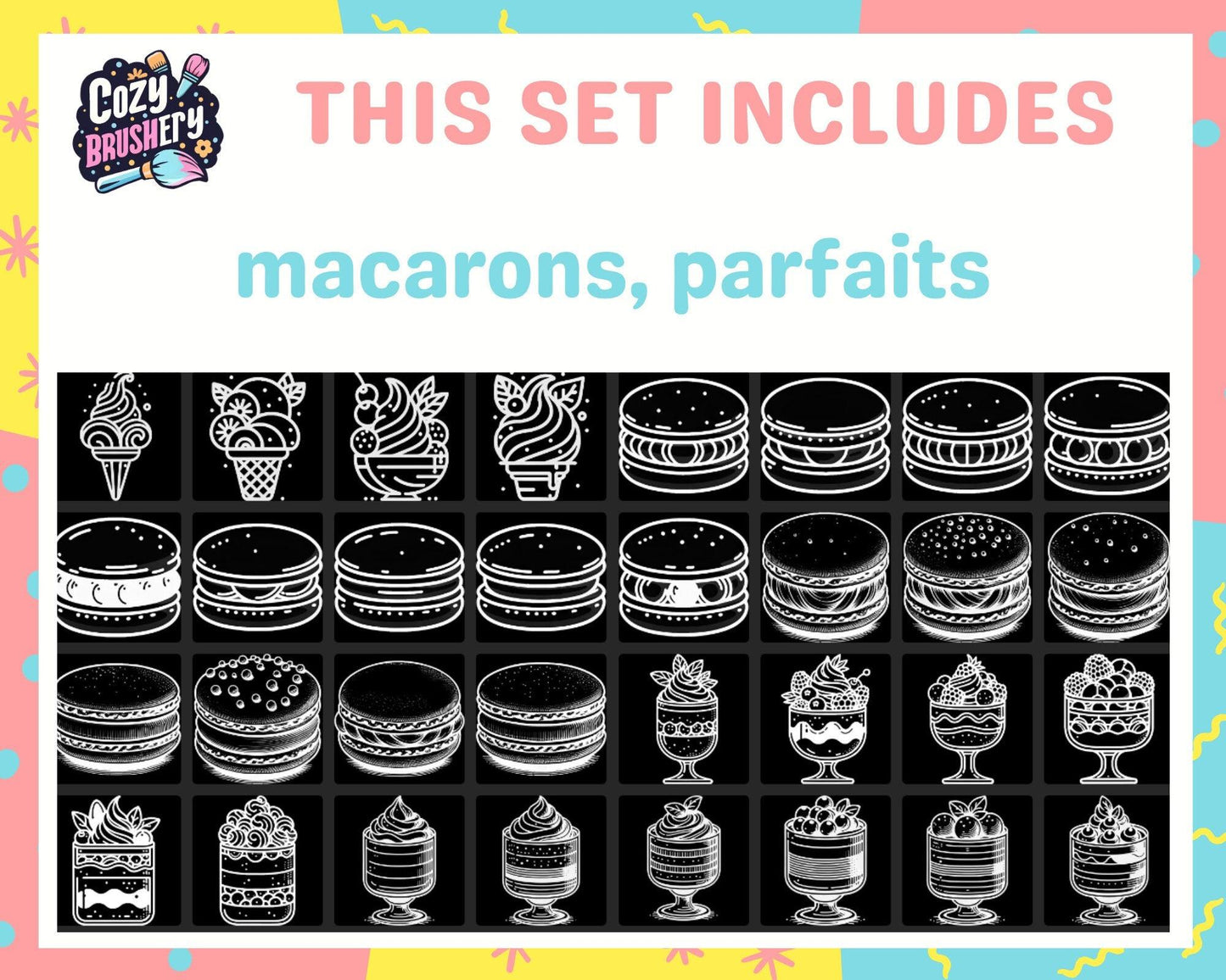 Sweet dessert factory, Procreate Food Brushes, Cakes, Cookies, Icecream, Lollipop, Parfait, Macarons, Donuts - Cozy Brushery