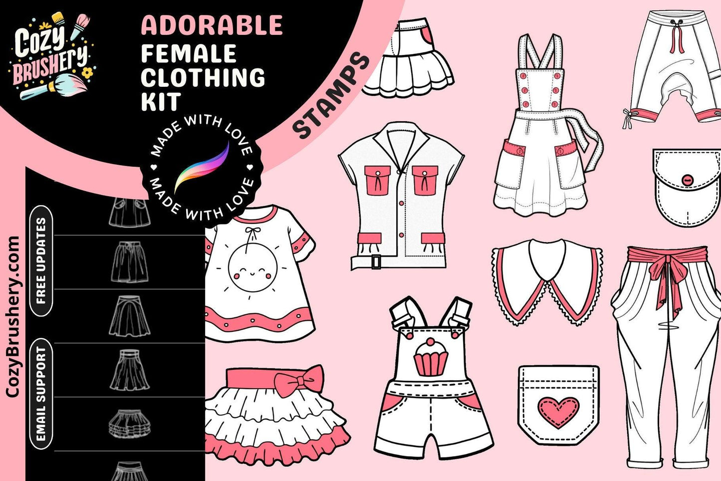 Ultimate Cute Female Fashion Stamp Mega Pack - Varied Clothing for All Art Styles in Procreate, Collar, Pocket, Shirt, Skirt, Dress, Outfit - Cozy Brushery