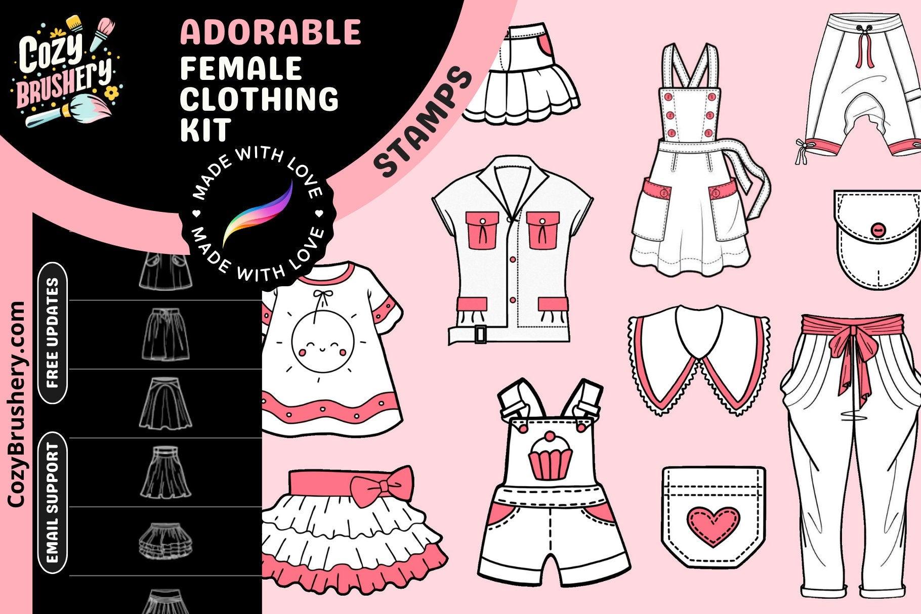 Ultimate Cute Female Fashion Stamp Mega Pack - Varied Clothing for All Art Styles in Procreate, Collar, Pocket, Shirt, Skirt, Dress, Outfit - Cozy Brushery