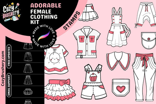 Ultimate Cute Female Fashion Stamp Mega Pack - Varied Clothing for All Art Styles in Procreate, Collar, Pocket, Shirt, Skirt, Dress, Outfit - Cozy Brushery