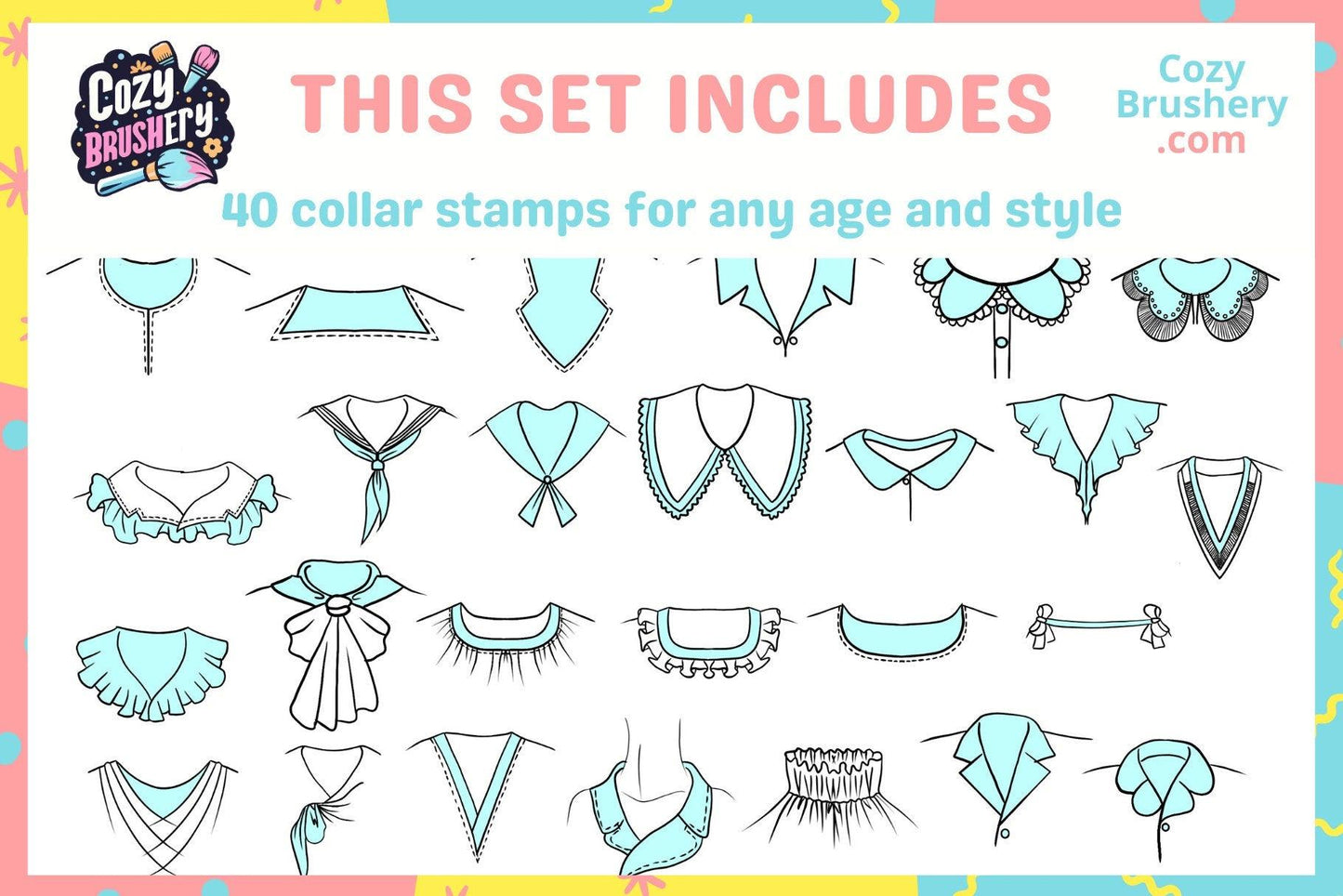 Ultimate Cute Female Fashion Stamp Mega Pack - Varied Clothing for All Art Styles in Procreate, Collar, Pocket, Shirt, Skirt, Dress, Outfit - Cozy Brushery