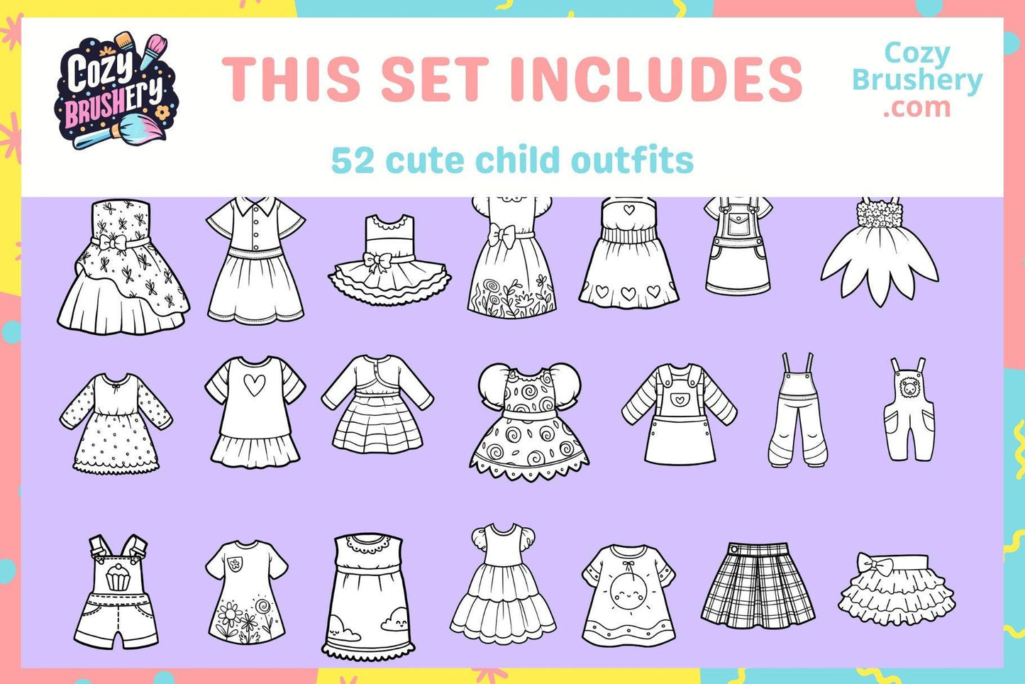 Ultimate Cute Female Fashion Stamp Mega Pack - Varied Clothing for All Art Styles in Procreate, Collar, Pocket, Shirt, Skirt, Dress, Outfit - Cozy Brushery