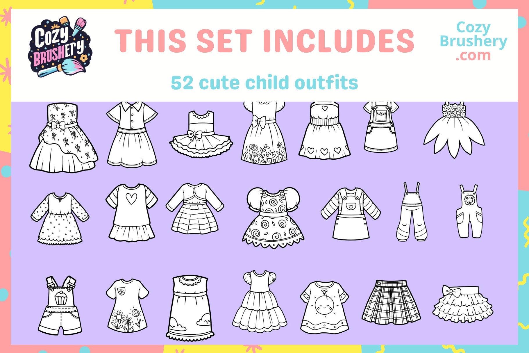 Ultimate Cute Female Fashion Stamp Mega Pack - Varied Clothing for All Art Styles in Procreate, Collar, Pocket, Shirt, Skirt, Dress, Outfit - Cozy Brushery