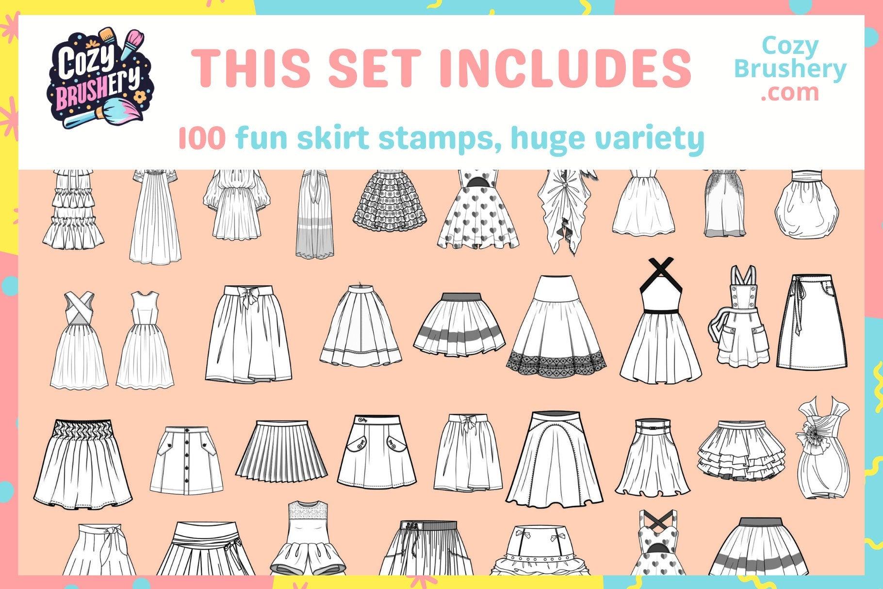 Ultimate Cute Female Fashion Stamp Mega Pack - Varied Clothing for All Art Styles in Procreate, Collar, Pocket, Shirt, Skirt, Dress, Outfit - Cozy Brushery