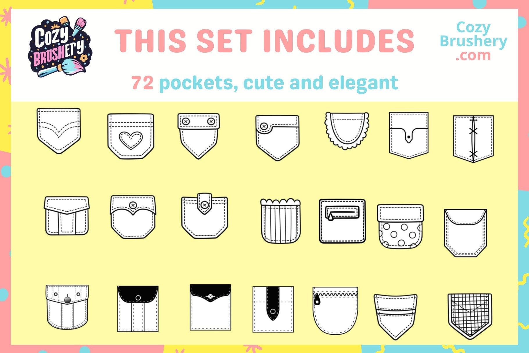 Ultimate Cute Female Fashion Stamp Mega Pack - Varied Clothing for All Art Styles in Procreate, Collar, Pocket, Shirt, Skirt, Dress, Outfit - Cozy Brushery