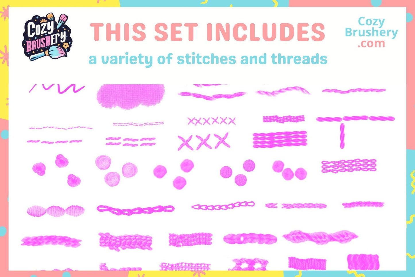 Ultimate Embroidery Brush Set - 85 Procreate Brushes with Floral and Knot Textures, Stitch, Thread, Sewing - Cozy Brushery