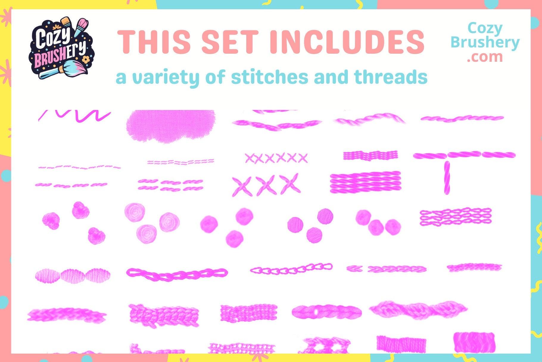 Ultimate Embroidery Brush Set - 85 Procreate Brushes with Floral and Knot Textures, Stitch, Thread, Sewing - Cozy Brushery