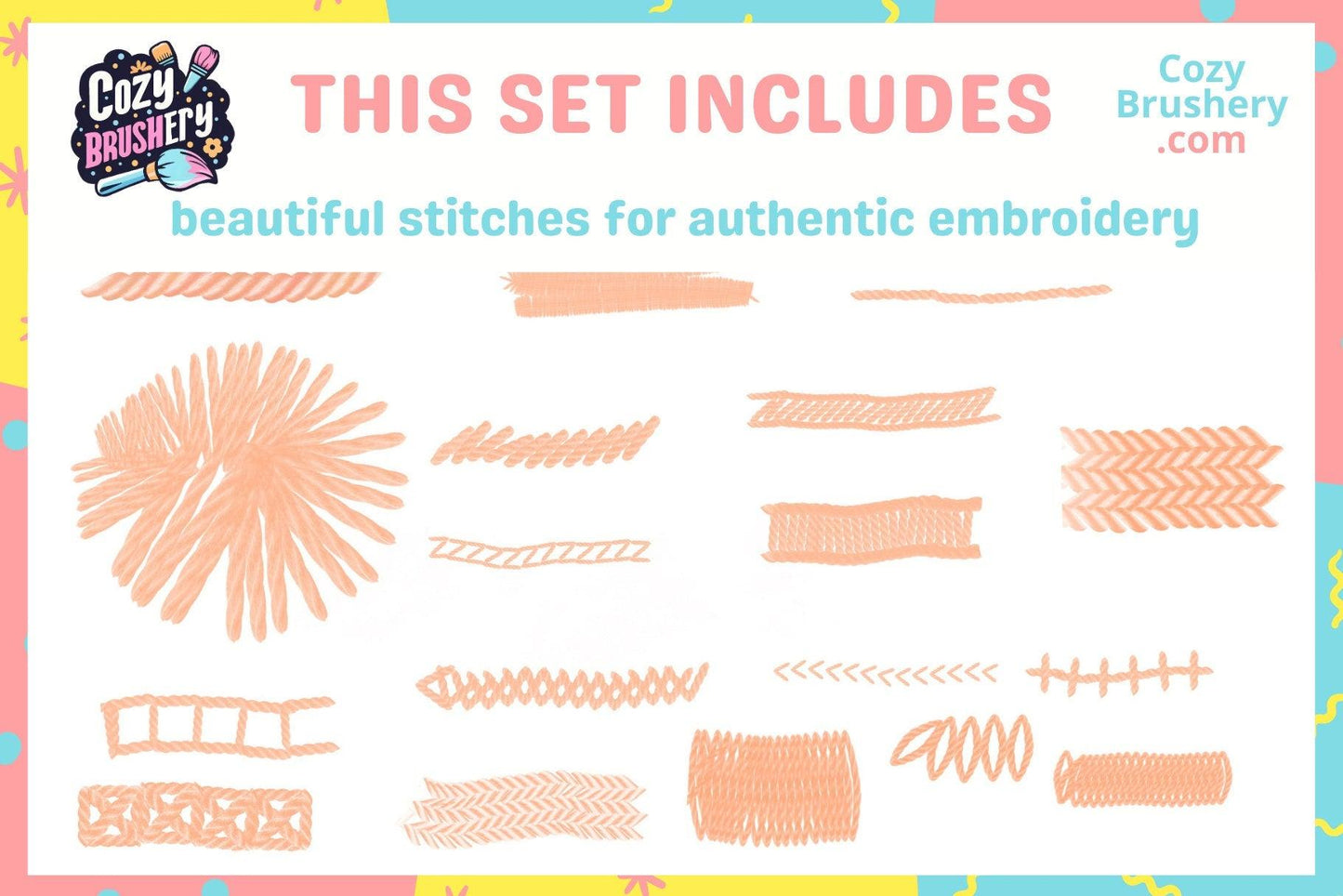 Ultimate Embroidery Brush Set - 85 Procreate Brushes with Floral and Knot Textures, Stitch, Thread, Sewing - Cozy Brushery