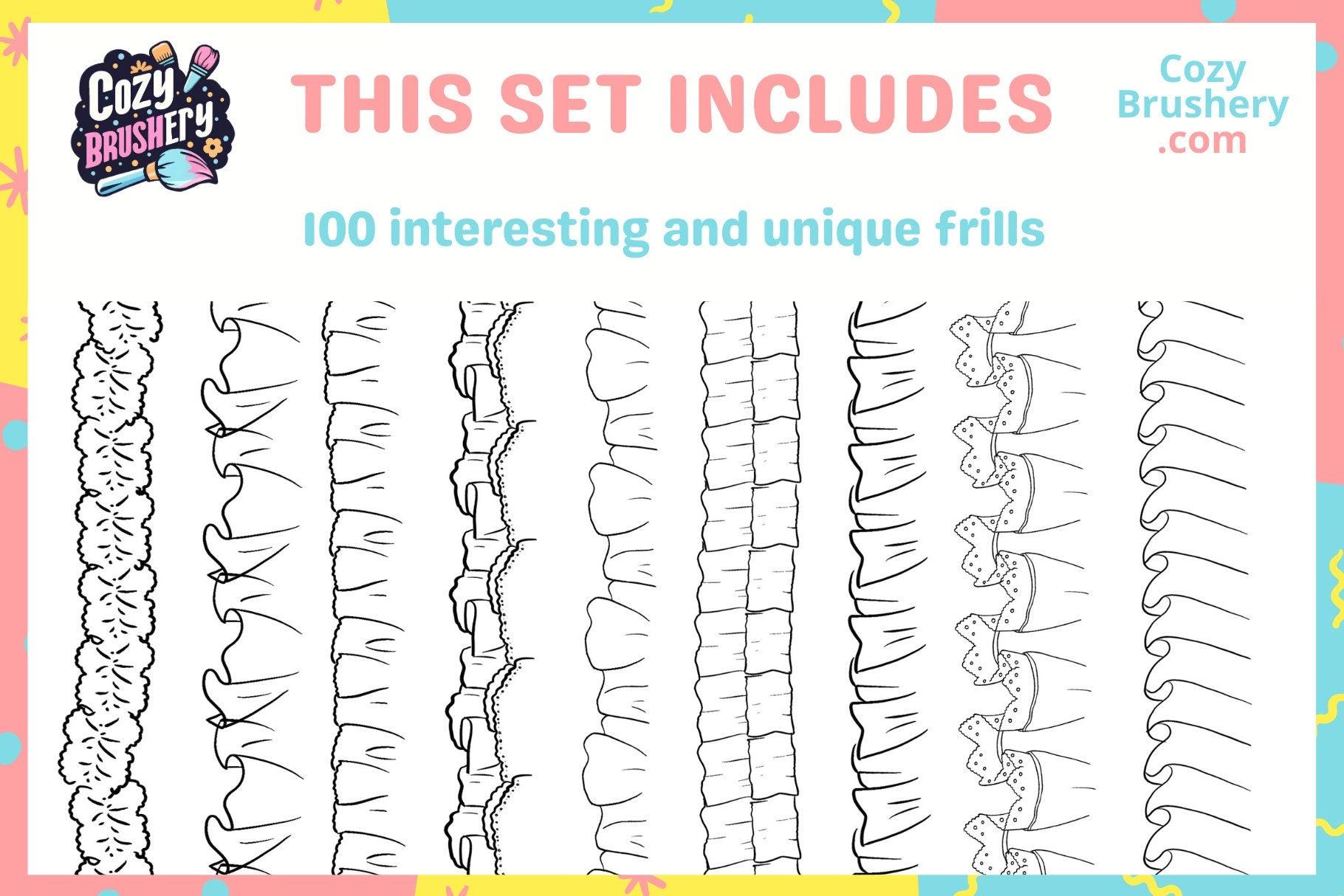Ultimate Frill Brush Collection: 100 Varied Frills for Dresses and Skirts in Procreate, Ruffle Brushes - Cozy Brushery
