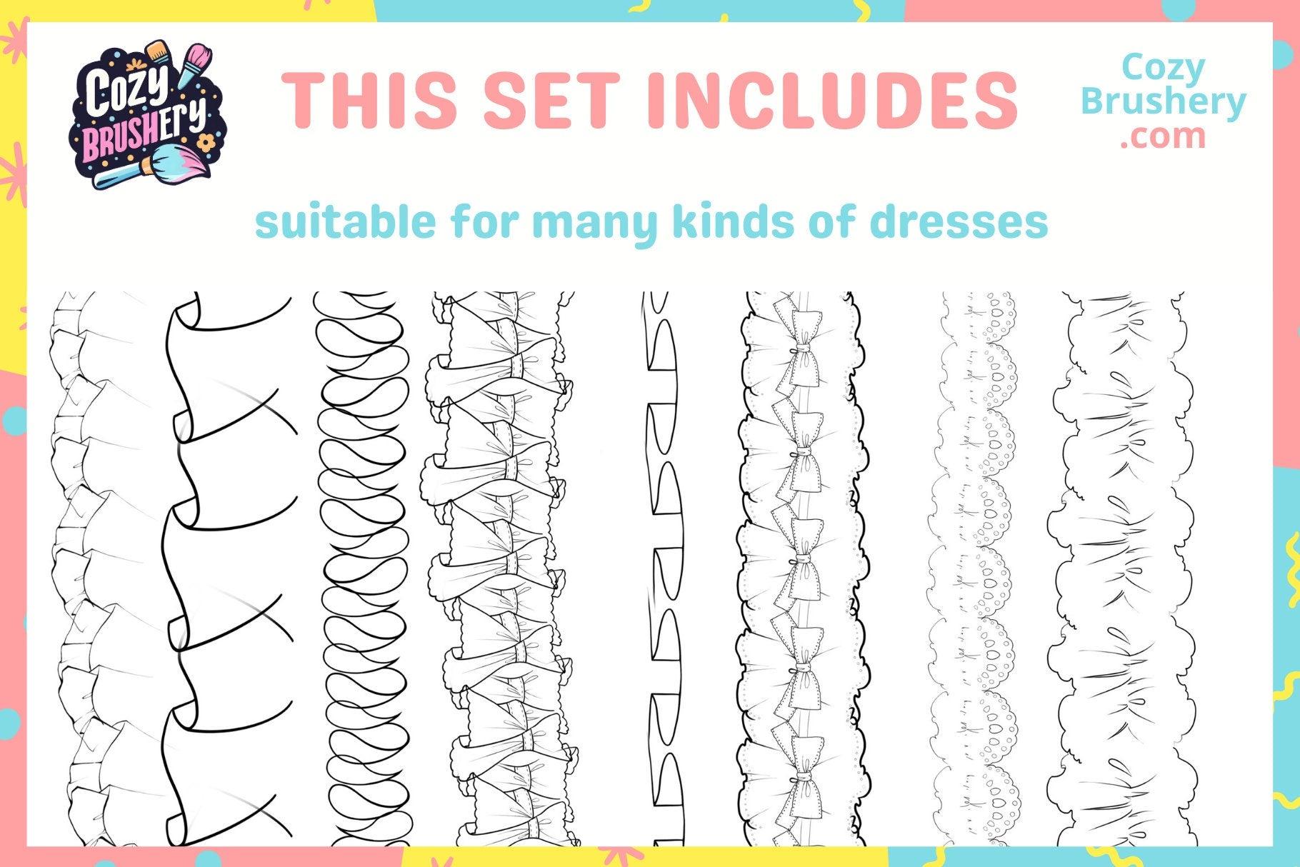 Ultimate Frill Brush Collection: 100 Varied Frills for Dresses and Skirts in Procreate, Ruffle Brushes - Cozy Brushery