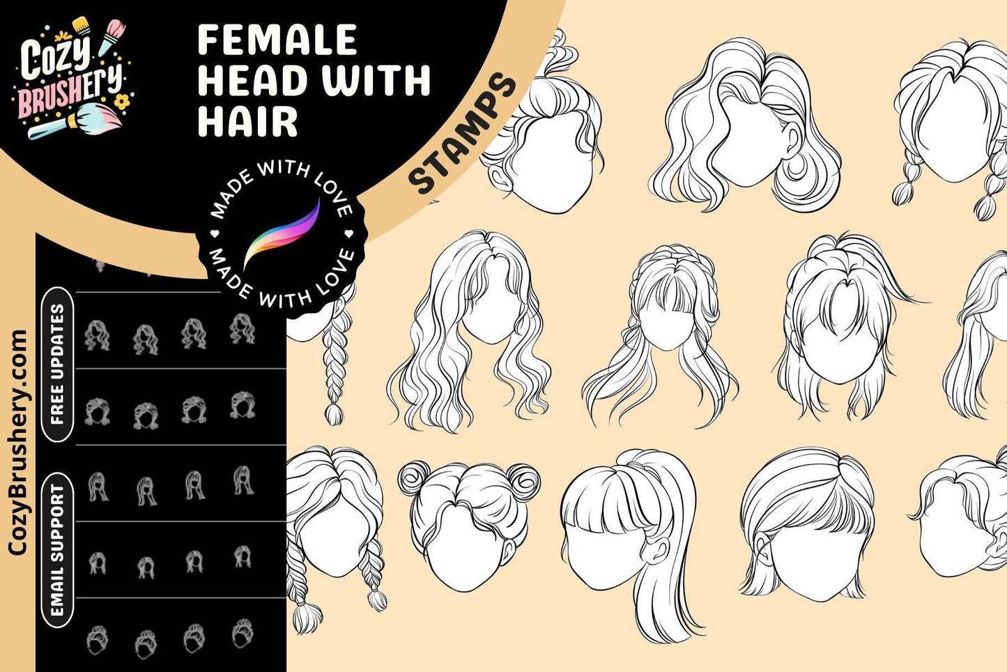 Ultimate Girl Head and Hair Stamp Collection - 70 Procreate Brushes for Anime, Manga & Realism - Cozy Brushery