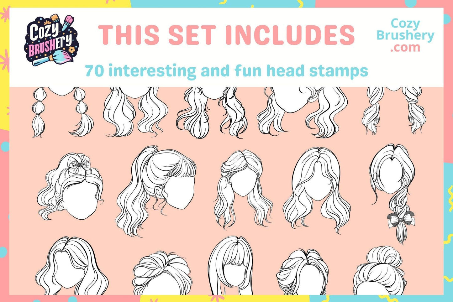 Ultimate Girl Head and Hair Stamp Collection - 70 Procreate Brushes for Anime, Manga & Realism - Cozy Brushery
