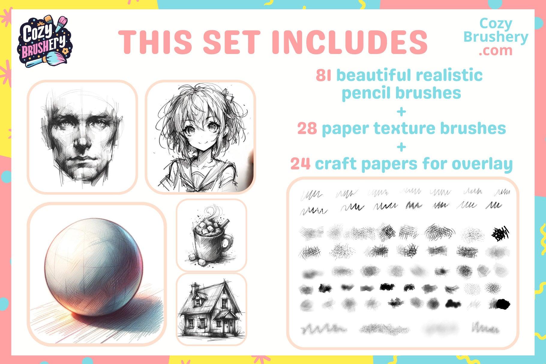 Ultimate Pencil Paper Texture Brushes for Procreate - Sketch, Hatching, Lineart, 81 Brushes, 28 Textures, 24 Papers, Sketching Essentials - Cozy Brushery