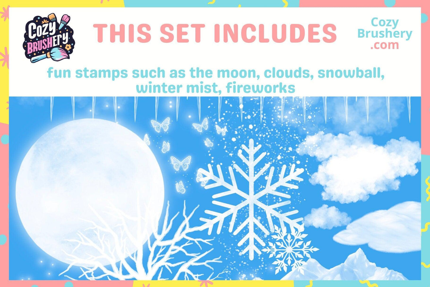 Winter Wonderland Procreate Brush Pack - Snow, Icicles, Trees, Fireworks, Christmas Lights, Magical Butterflies - Cozy Brushery