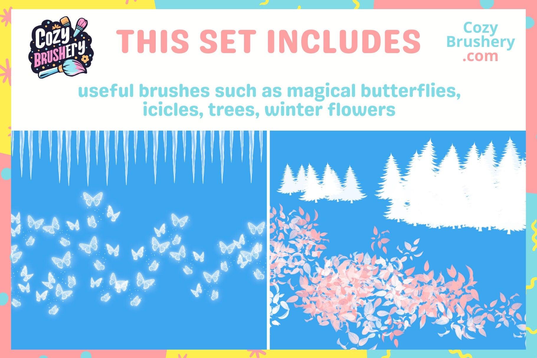Winter Wonderland Procreate Brush Pack - Snow, Icicles, Trees, Fireworks, Christmas Lights, Magical Butterflies - Cozy Brushery