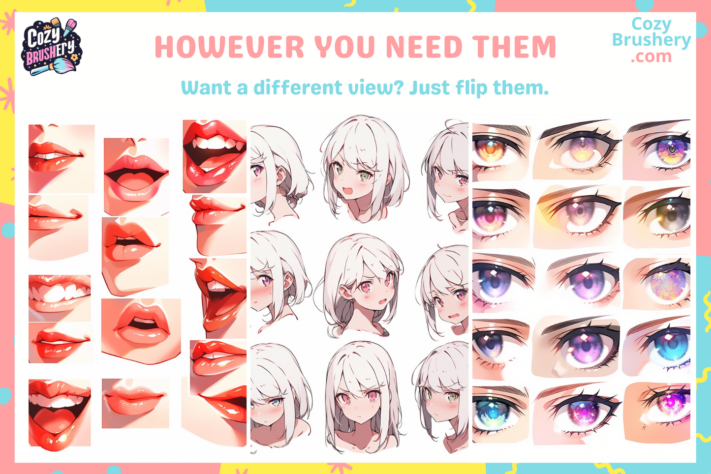 170 Procreate Anime Eyes, Nose, Mouth, Lips, Face, Head Stamps - Essential Pack for beginners and intermediate artists