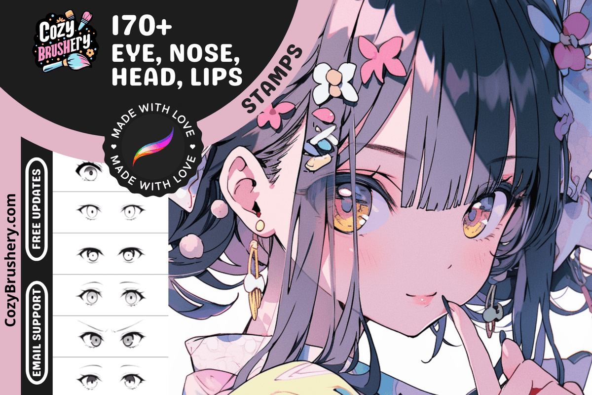 170 Procreate Anime Eyes, Nose, Mouth, Lips, Face, Head Stamps - Essential Pack for beginners and intermediate artists - Cozy Brushery