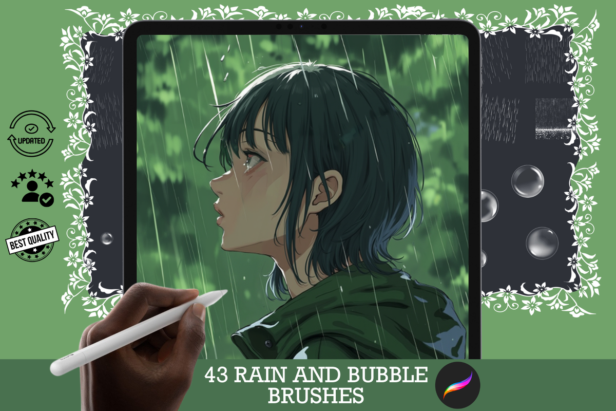 Procreate Brushes: Rainy Day Delights, 43 Rain and Rain Bubble Brushes for Weather and Water Effects