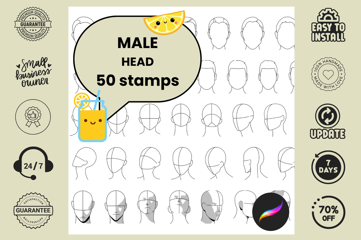 Procreate Stamps: 50 Male Head Angles, Perfect for Anatomy Practice and Coloring Techniques