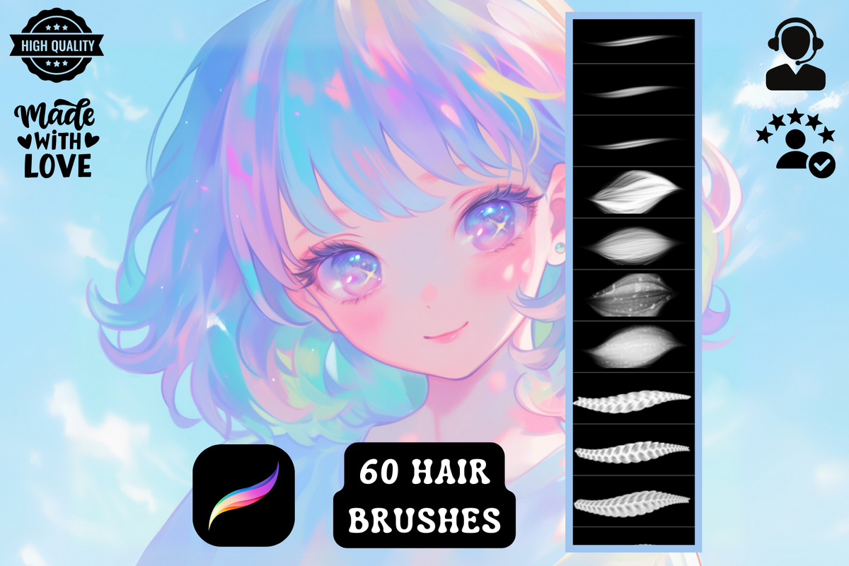 Procreate Brushes: Pastel Hair Heaven, 60 Soft Hair Brushes with Braids for Pastel and Cotton Candy Hair