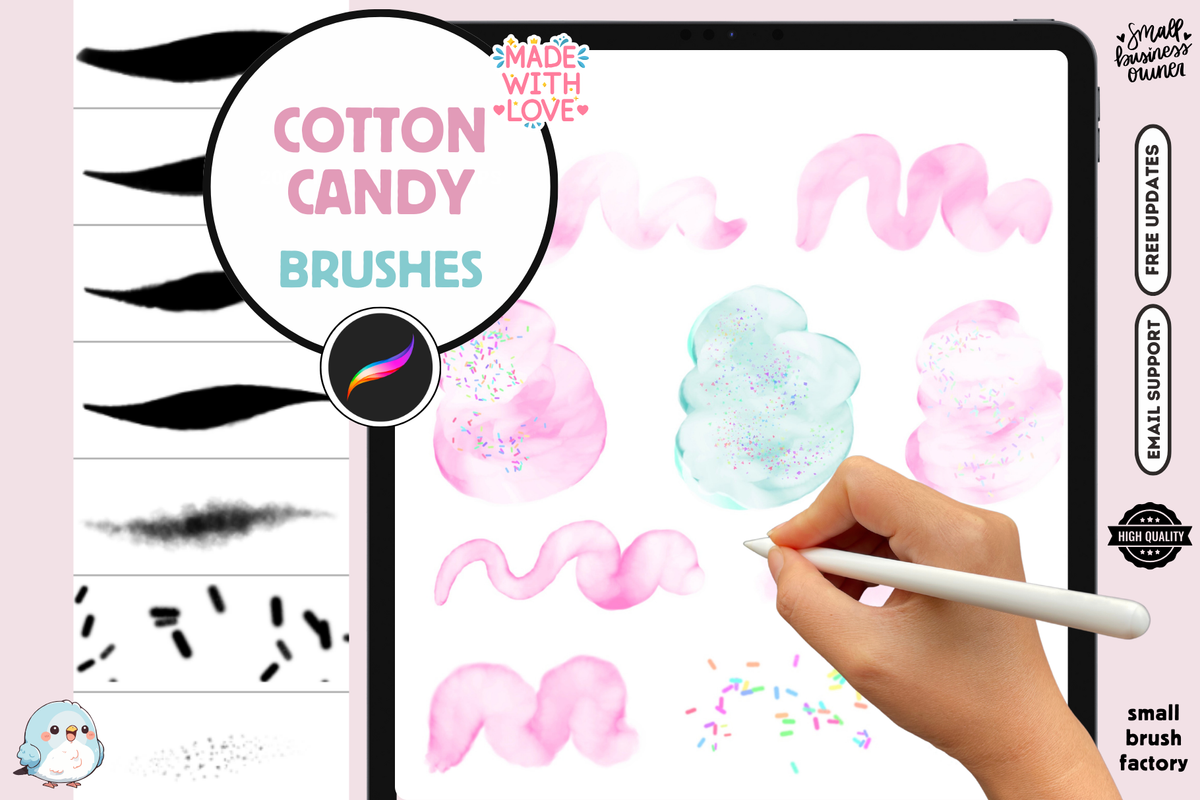 Procreate Brushes: Sweet Treats Pack, 5 Cotton Candy and 2 Frosting Brushes for Fluffy Art, Hair, Clothes, and Backgrounds