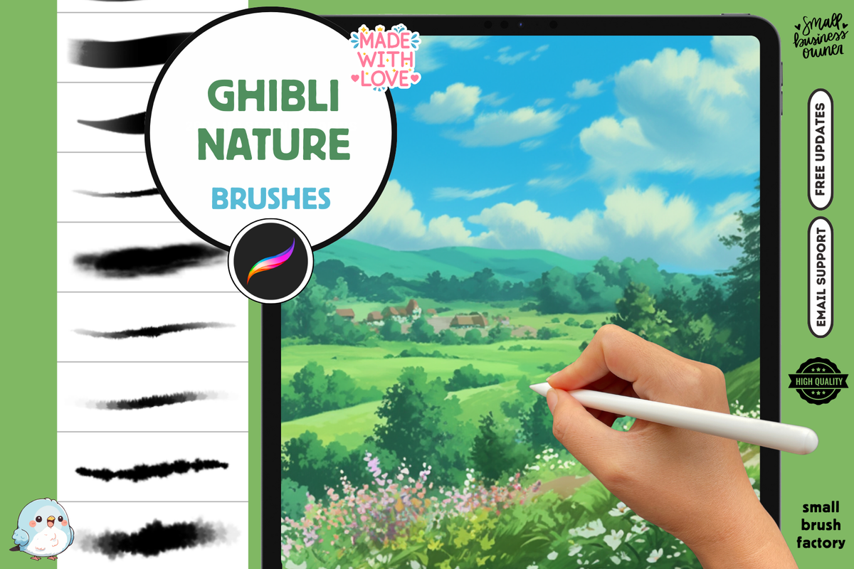 Procreate Brushes: Ghibli Nature Wonderland, 112 Brushes for Stunning Backgrounds, Foliage, Weather, and Animal Stamps