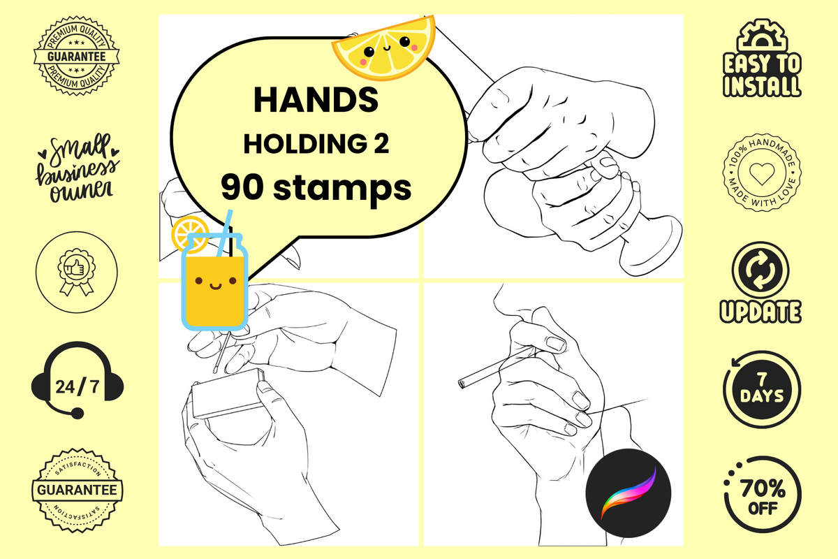 Procreate Stamps: Hands in Action Set, 90 Hand Stamps for Holding Objects like Cards, Cigarettes, Pets, Cameras, Phones, and More