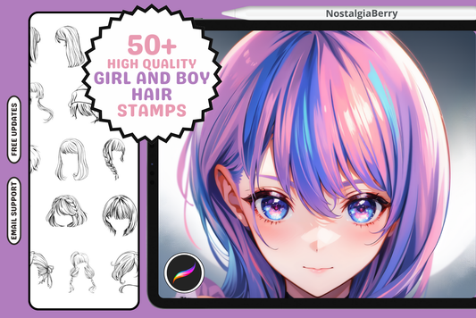 Procreate Stamps: 52 Boy and Girl Hair Stamps for Cute, Anime, Realistic Hair Brushes