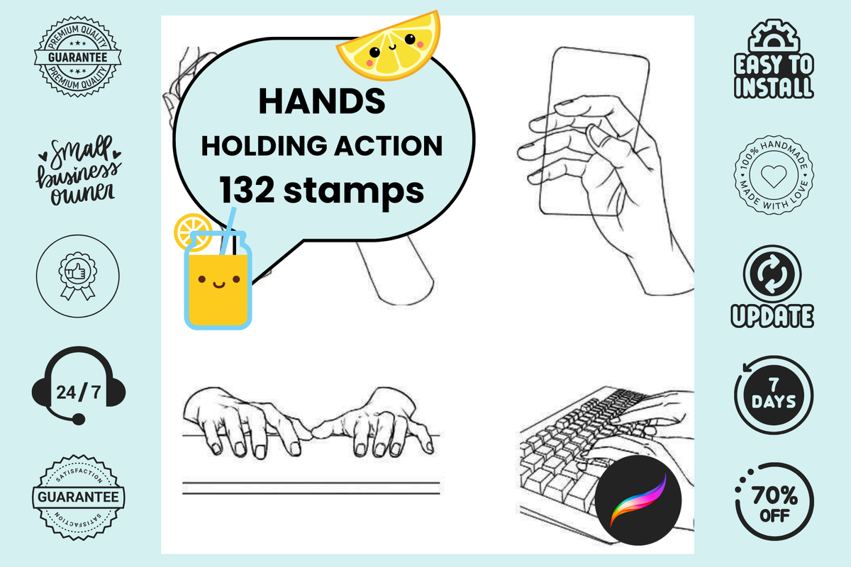 Procreate Stamps: Ultimate Hands in Action Pack, 132 Hand Stamps for Holding Cups, Mice, Typing, Holding Books, and Various Hand Gestures