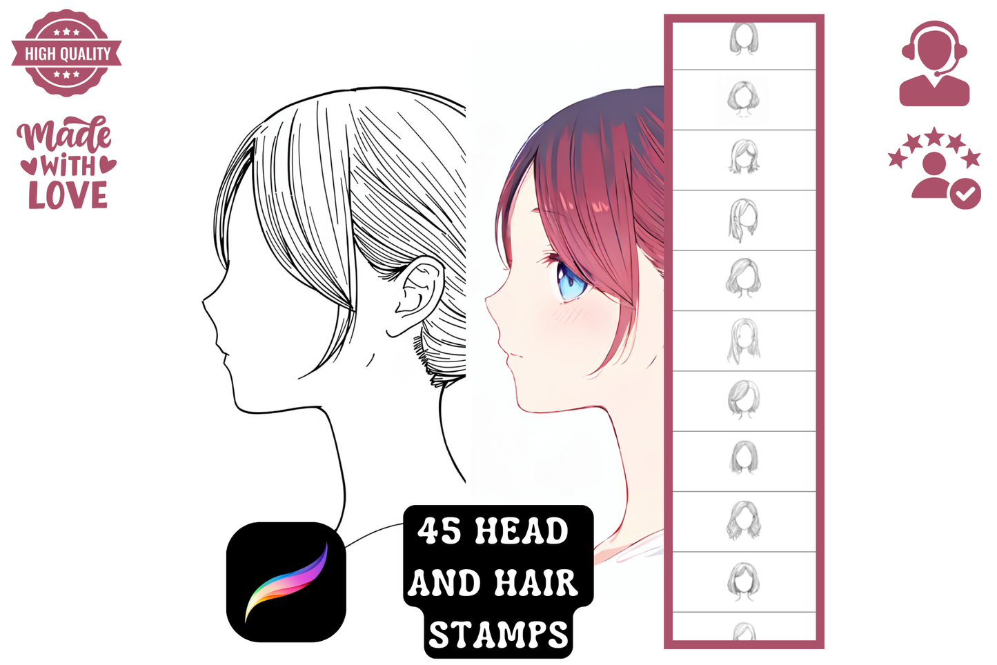 Procreate Stamps: Anime Girl Hair Heaven, 45 Stamps for Color Practice and Quick Art