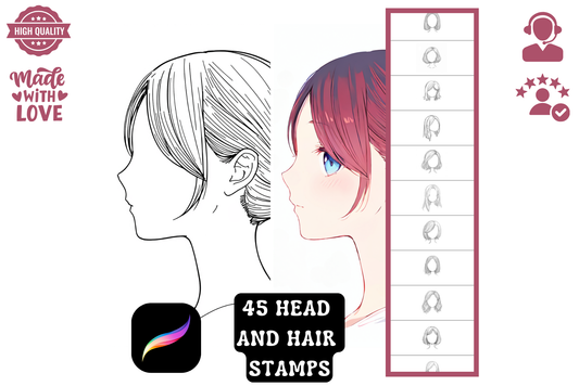 Procreate Stamps: Anime Girl Hair Heaven, 45 Stamps for Color Practice and Quick Art