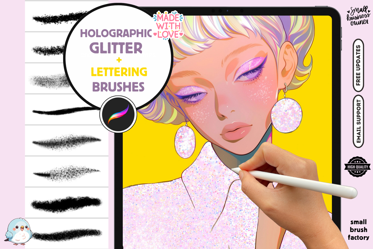 Procreate Brushes: Holographic Glitter Fun, 70 Brushes for Sparkling Texture and Shiny Lettering