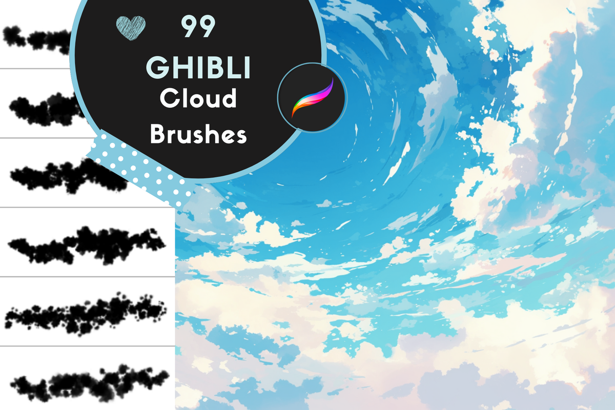 Procreate Brushes: Ghibli Cloudscape Set, 79 Brushes for Anime, Ghibli Style, and Illustrations, Dreamy Clouds, Sky Elements