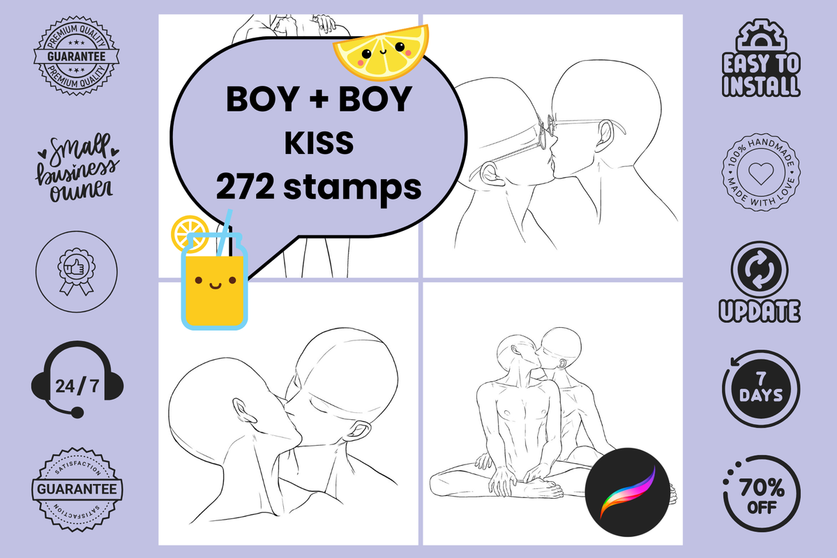 Procreate Stamps: Boy Love Collection, 272 Gay Romance Stamps Featuring Kissing, Cuddling, and Loving Moments for Anime and Manga