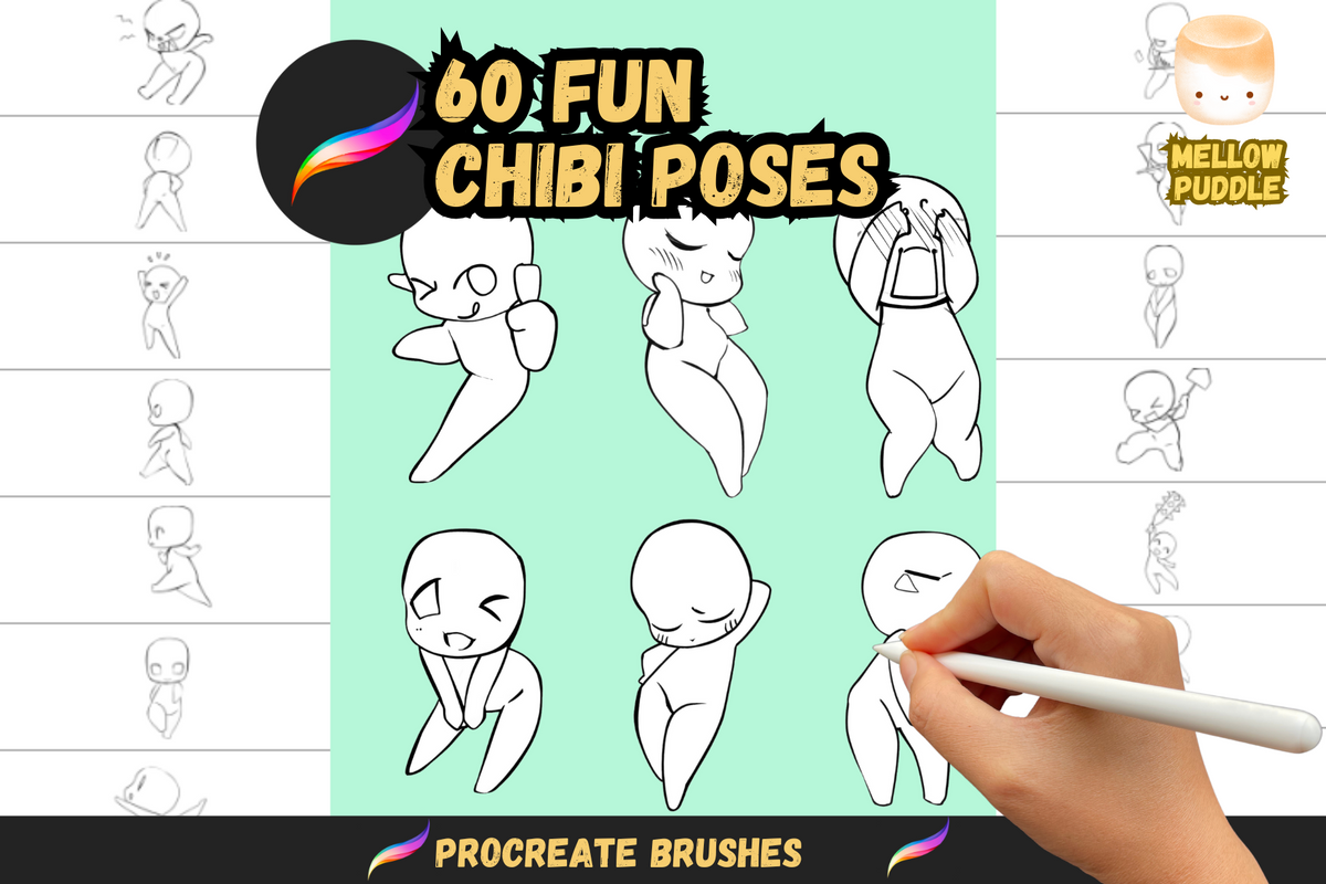 Procreate Stamps: 60 Expressive Chibi Lineart Poses for Sketching, Drawing, Anime, Manga, and Art Style Practice, chibi base