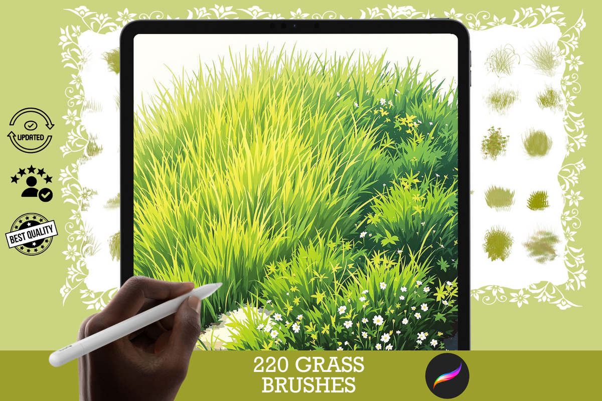 Procreate Brushes: Grass Galore Pack, 220 Grass Brushes for Nature, Landscape, and Garden Art