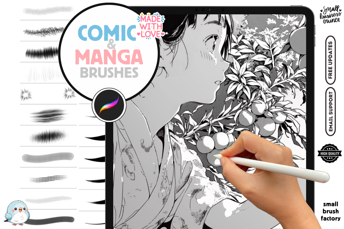 FREE Procreate Brushes: Manga Essentials Pack, 87 Brushes for Lineart, Monochrome Foliage, Speed Lines, Hatching, and Halftones