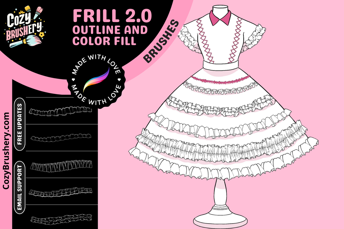 Frill Magic 2.0 – Procreate-Pinsel für perfekte Rüschen und farbenfrohe Konturen, doppelte Beherrschung der Technik, 50 einzigartige Rüschenkleid-Pinsel