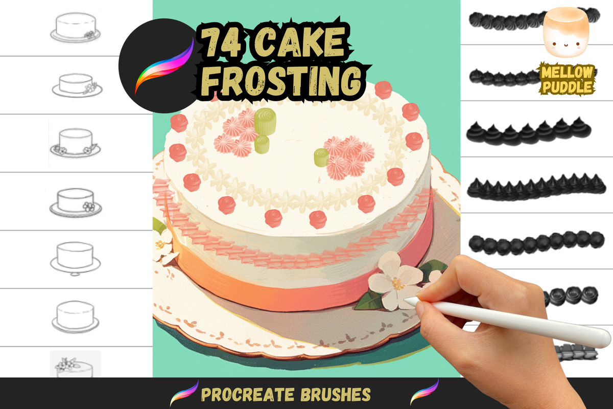 Procreate Brushes: Sweet Frosting Fun, 74 Cake Icing Brushes for Kawaii, Pastel, and All Art Styles