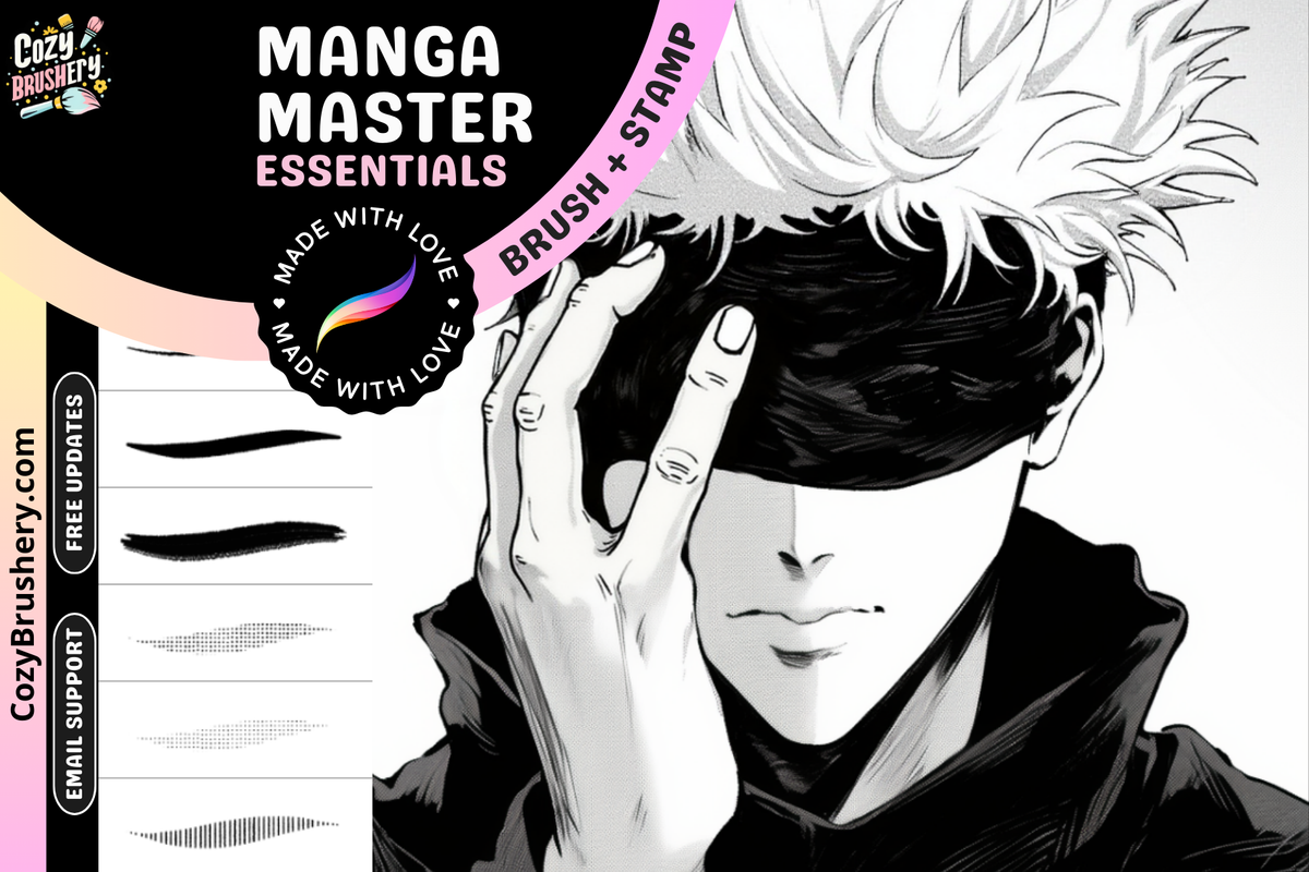 Procreate Manga Master-Pinsel-Set: 400+ unverzichtbare Manga-Pinsel, Halbtöne und zusätzliche Pinsel, Rahmen, Glitzer, Rauch, Sprechblasen