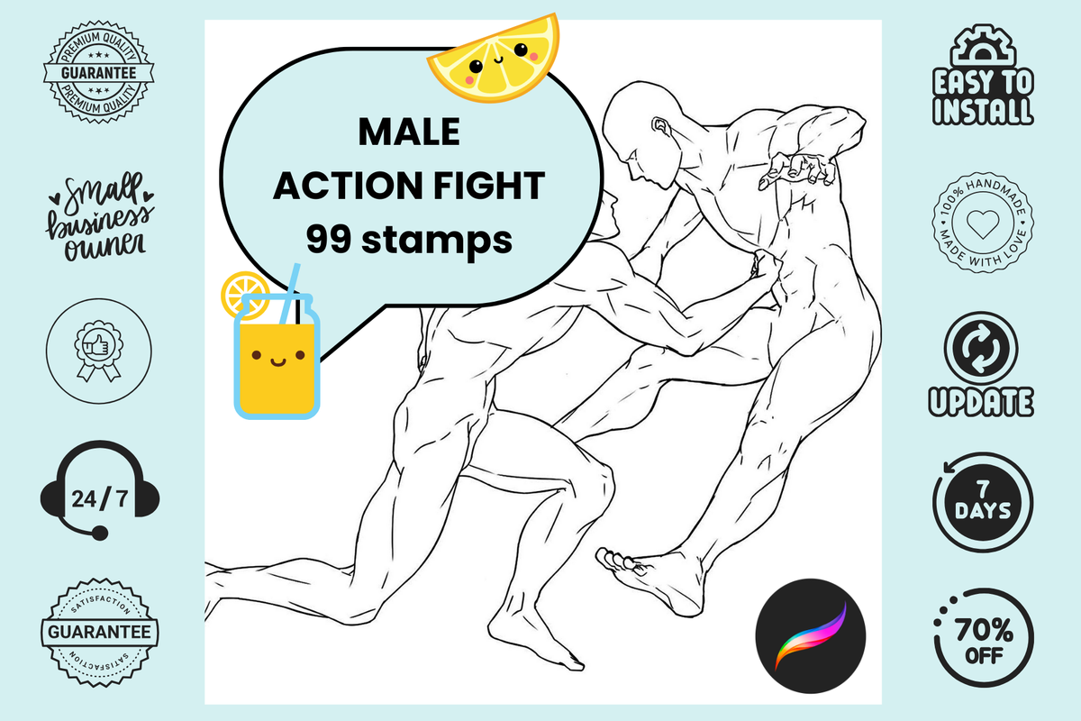 Procreate Stamps: Male Fight Pose Pack, 99 Dynamic Pose Stamps for Anime, Manga, and Action-Packed Illustrations