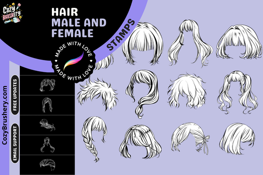 Procreate Stamps: Male and Female Hair Pack, 52 Stamps for Character Design and Coloring Practice, Perfect for Any Style