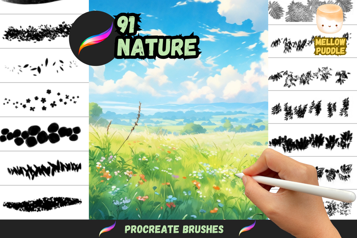 Procreate Brushes: Nature’s Palette, 91 Brushes for Foliage, Clouds, Grass, and More in Any Art Style