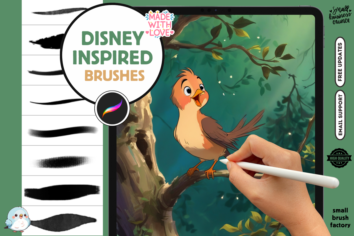 Procreate Brushes: Retro Cartoon Disney Inspired Brushes Creation Kit, 50 Brushes for Lineart, Sketching, Humans, Nature, Foliage, Clouds, Flowers, and Fun Extras