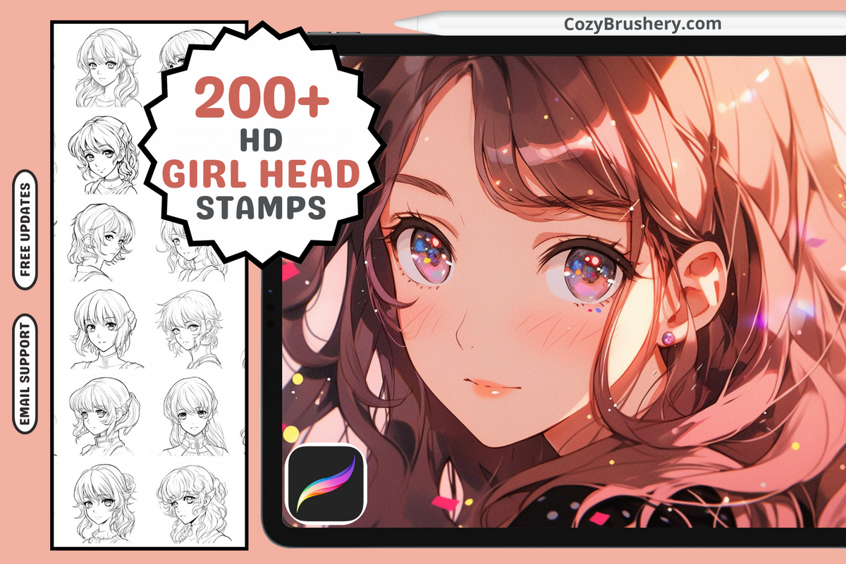 Über 200 Anime-Mädchen-Kopfstempel für Procreate, Super Clean Lineart, verschiedene Frisuren und Ausdrücke, sofortiger digitaler Download