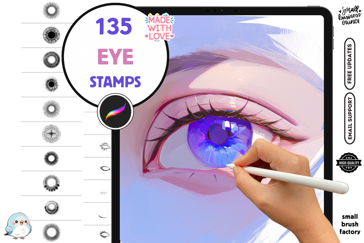 Procreate Stamps: Eye Enchantment Pack, 28 Eyelash Stamps and 72 Realistic Iris Stamps and Brushes for Anime and Realistic Eye Art